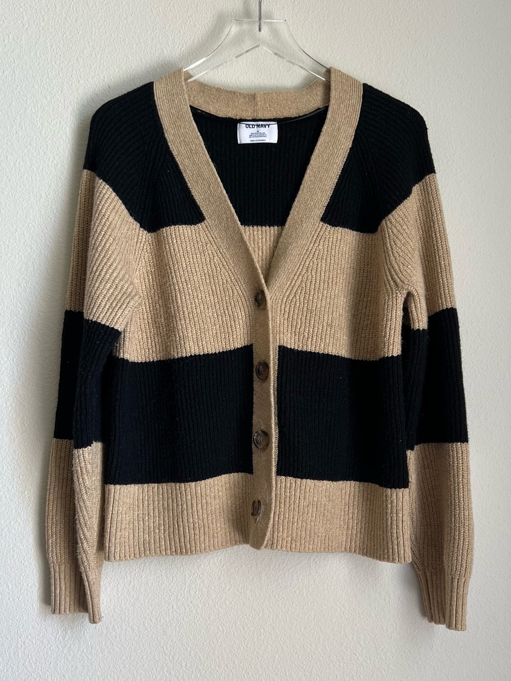 Shaker-Stitch Cardigan Sweater in Brown Stripe
